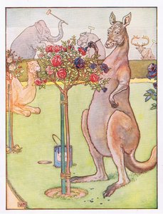 E o canguru tentou pintar as rosas azuis, ilustração de &39;Johnny Crow&39;s Party&39;, c.1930